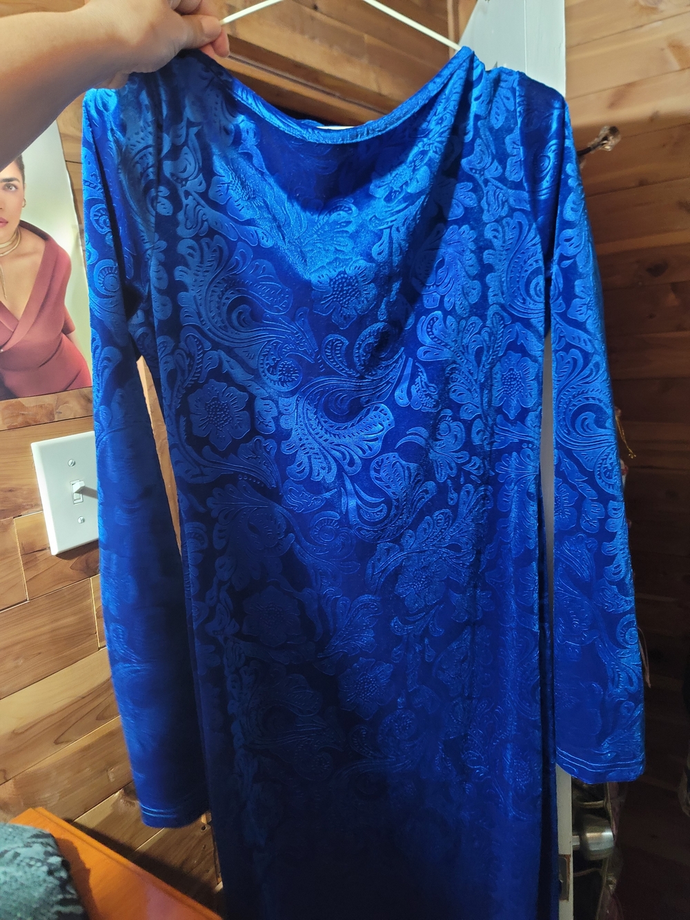 Royal Blue Long-Sleeve Floral Velvet Dress